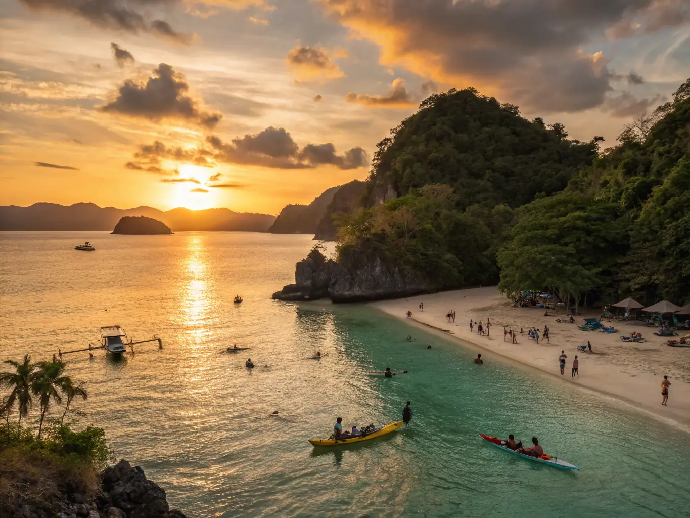 A vibrant photo capturing the sun setting over Caramoan Islands, showcasing its pristine beaches and turquoise waters. Tourists are enjoying various water activities.